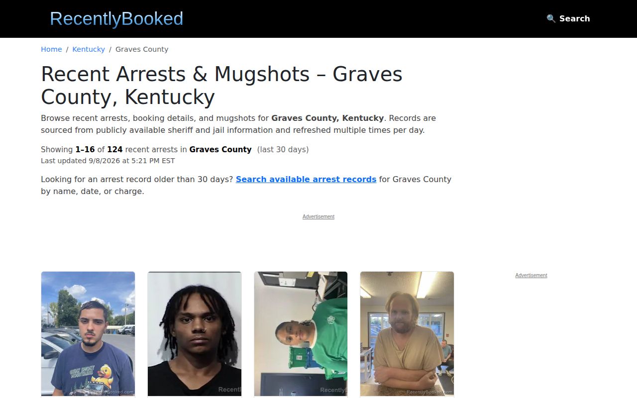 Unofficial Graves County recent booking page showing a rolling 30-day window