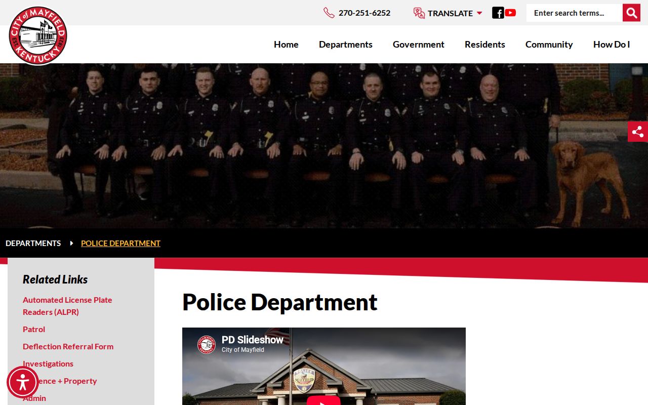 Official Mayfield Police Department webpage showing agency information