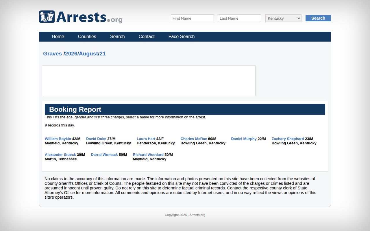 Unofficial Graves County arrest report date page with record count and fields