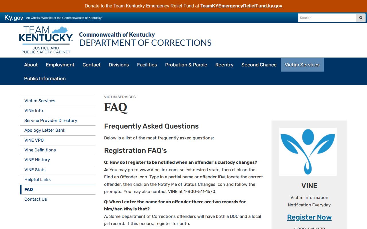 Kentucky DOC VINE instructions for name or ID search and custody alerts