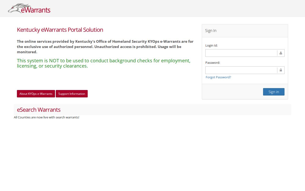 Kentucky eWarrants authorized access notice