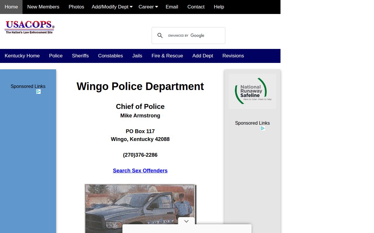 Non-official directory page showing a Wingo Police Department contact listing