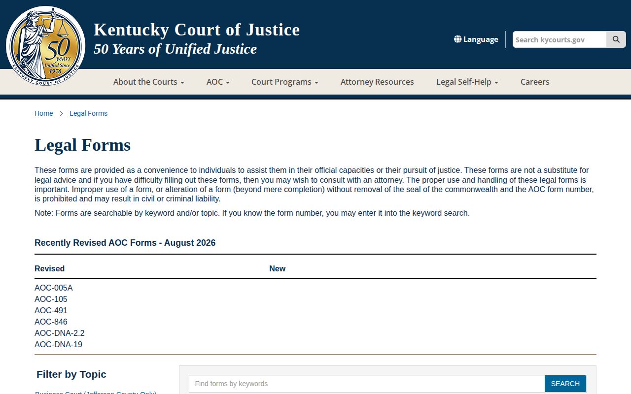 Kentucky Court of Justice official legal forms page
